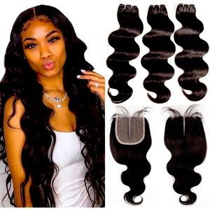 Brazilian Body Wave Bundles with Closure 8A Unprocessed Virgin Hair 3 Bundles